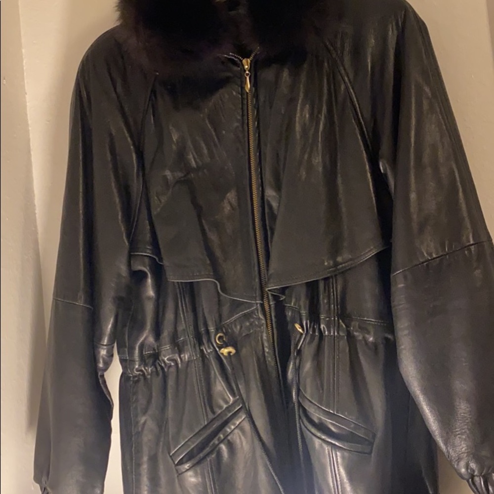Leather Coat with Faux Fur Collar